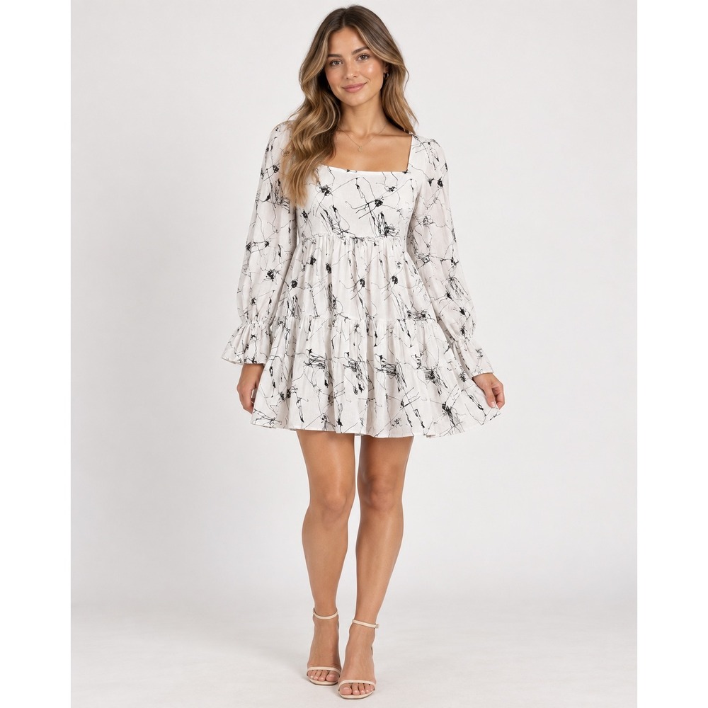Garota Mini Dress Womens Medium White Abstract Print Tiered Long Sleeve Cotton